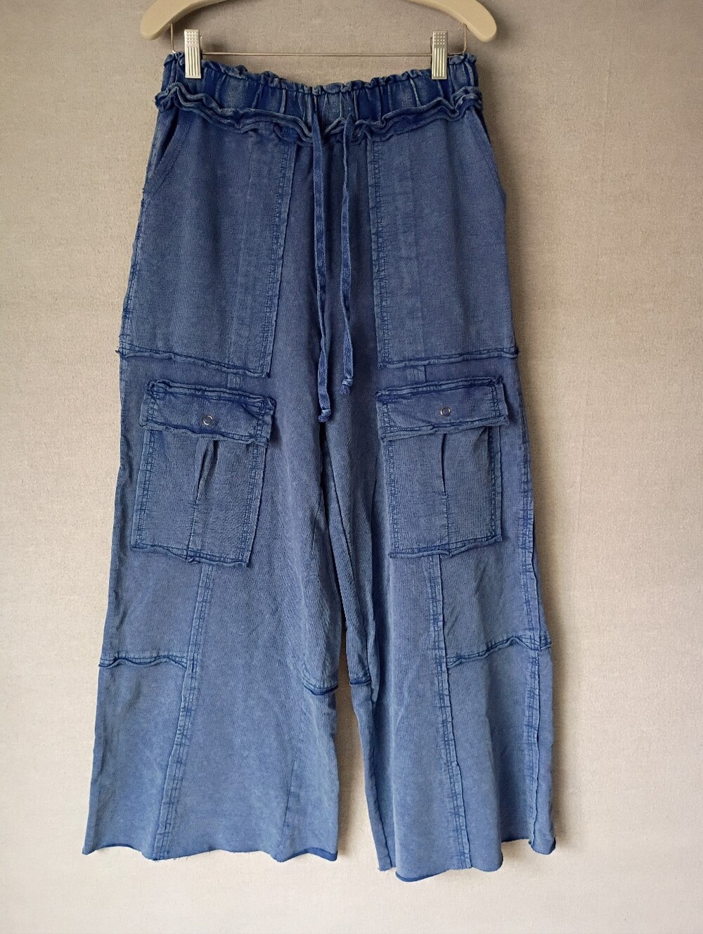 Easel Cotton Blue Mineral Washed Wide Leg Terry Knit Pants Size Small
